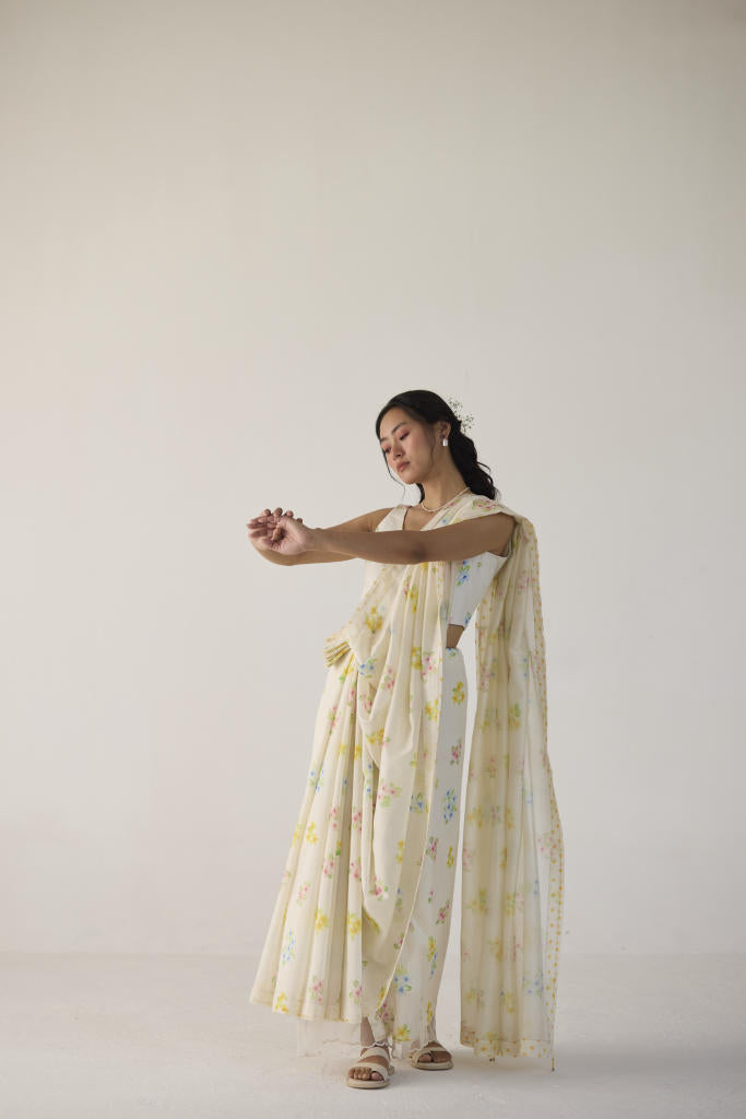 Periwinkle Silk and Cotton Chanderi Sari silk by Nadiya Paar in white color for women Worldwide
