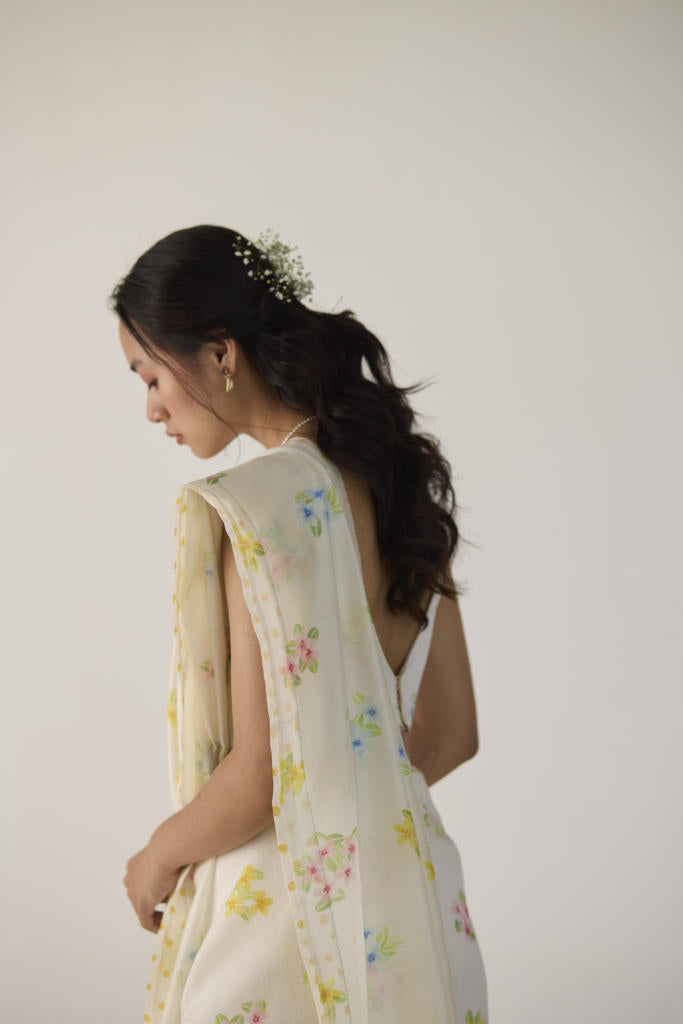 Periwinkle Silk and Cotton Chanderi Sari silk by Nadiya Paar in white color for women Worldwide