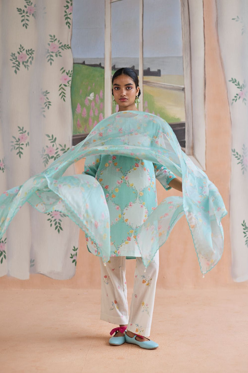 Aqua Dupatta Kota Doria Silk silk by Nadiya Paar in blue color for women Worldwide