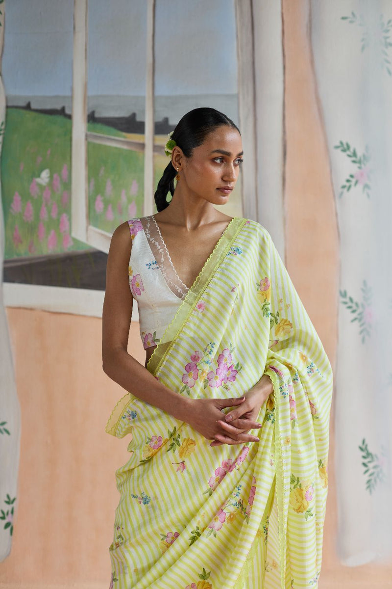 Serene Flora Mulberry Silk Sari silk by Nadiya Paar in yellow color for women Worldwide