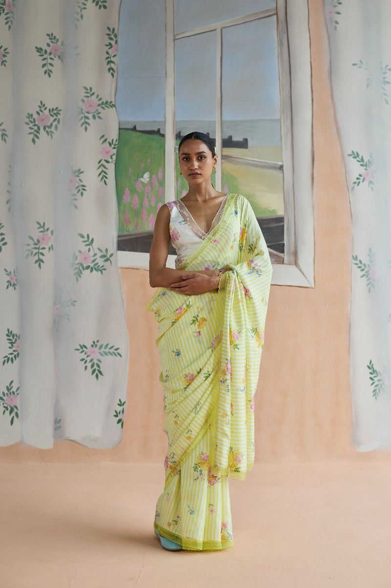 Serene Flora Mulberry Silk Sari silk by Nadiya Paar in yellow color for women Worldwide