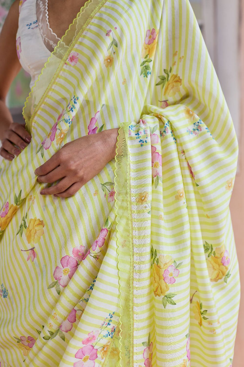 Serene Flora Mulberry Silk Sari silk by Nadiya Paar in yellow color for women Worldwide