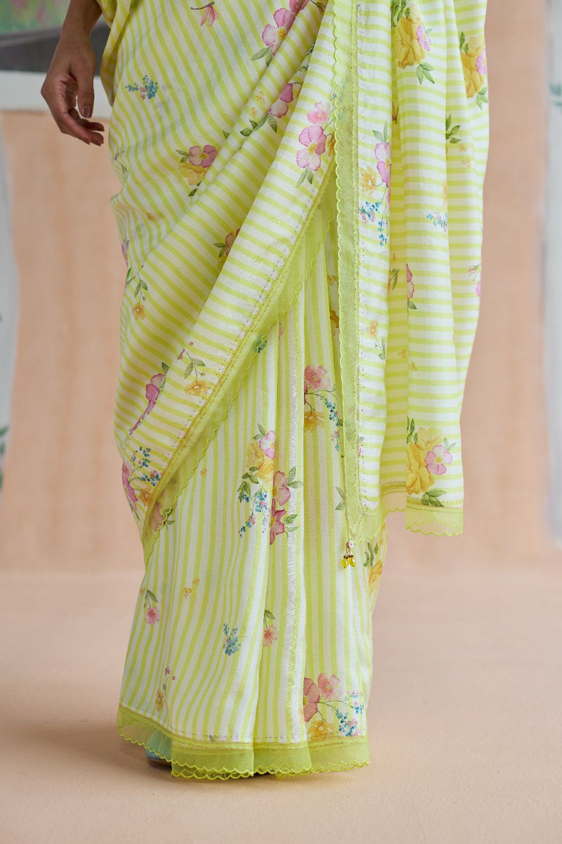 Serene Flora Mulberry Silk Sari silk by Nadiya Paar in yellow color for women Worldwide