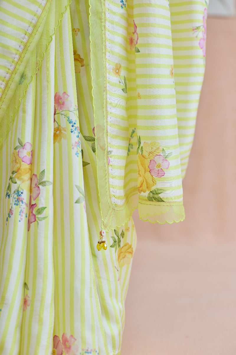 Serene Flora Mulberry Silk Sari silk by Nadiya Paar in yellow color for women Worldwide