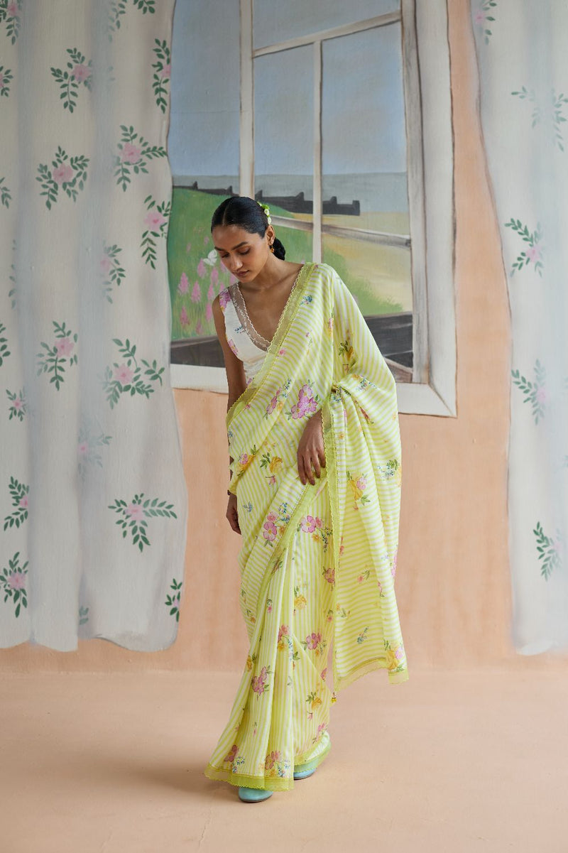 Serene Flora Mulberry Silk Sari silk by Nadiya Paar in yellow color for women Worldwide