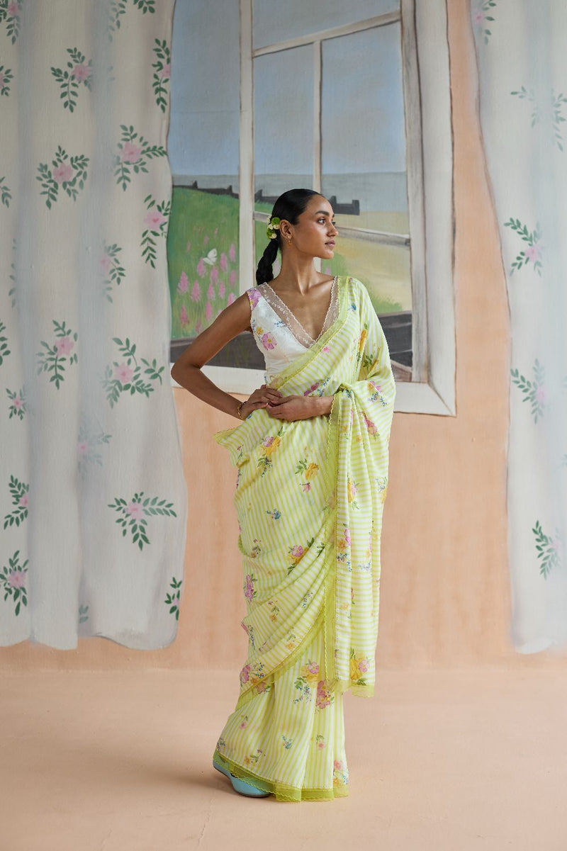 Serene Flora Mulberry Silk Sari silk by Nadiya Paar in yellow color for women Worldwide