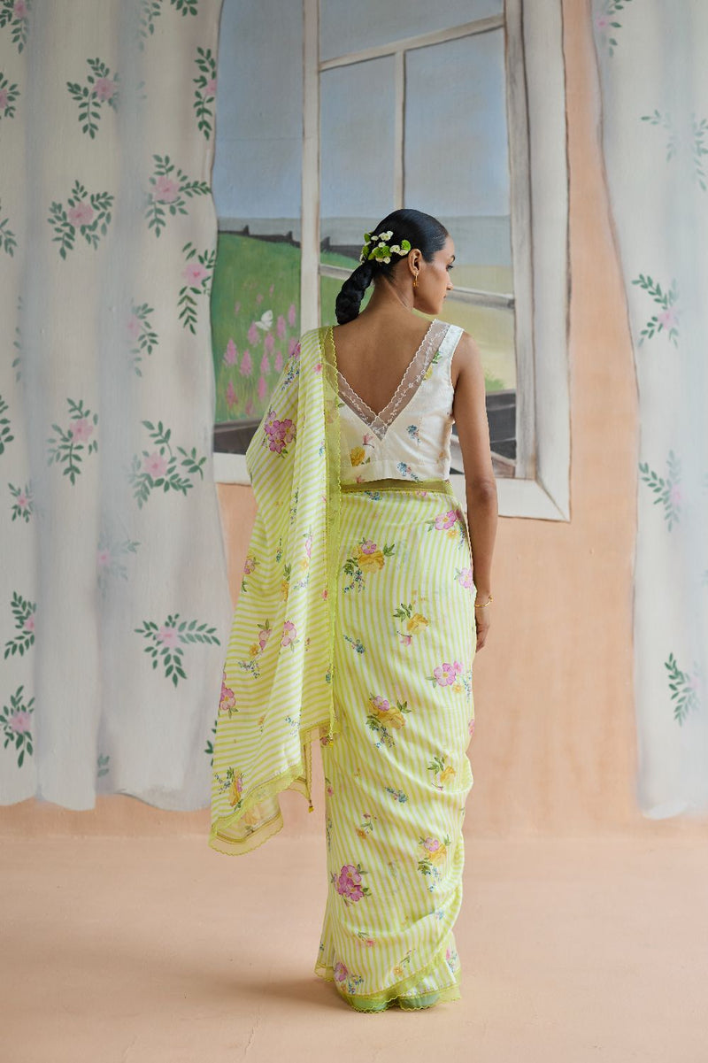 Serene Flora Mulberry Silk Sari silk by Nadiya Paar in yellow color for women Worldwide