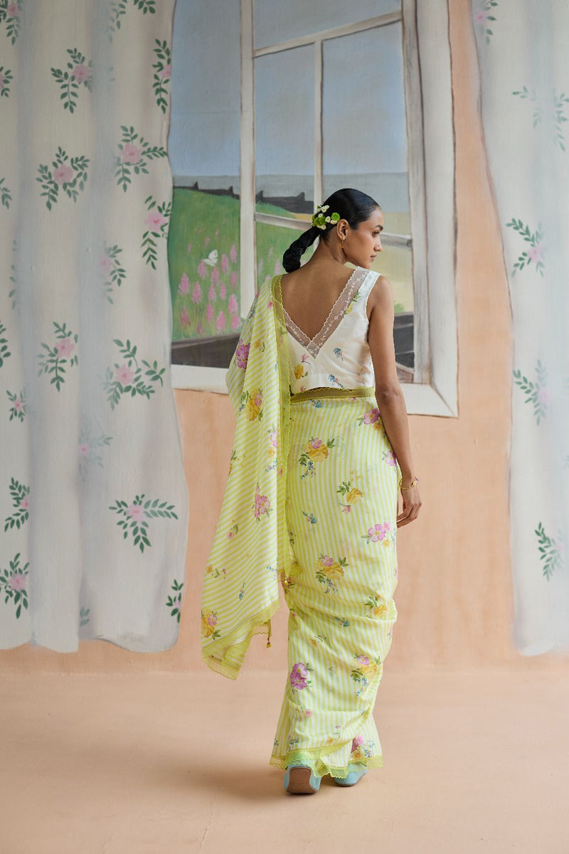 Serene Flora Mulberry Silk Sari silk by Nadiya Paar in yellow color for women Worldwide