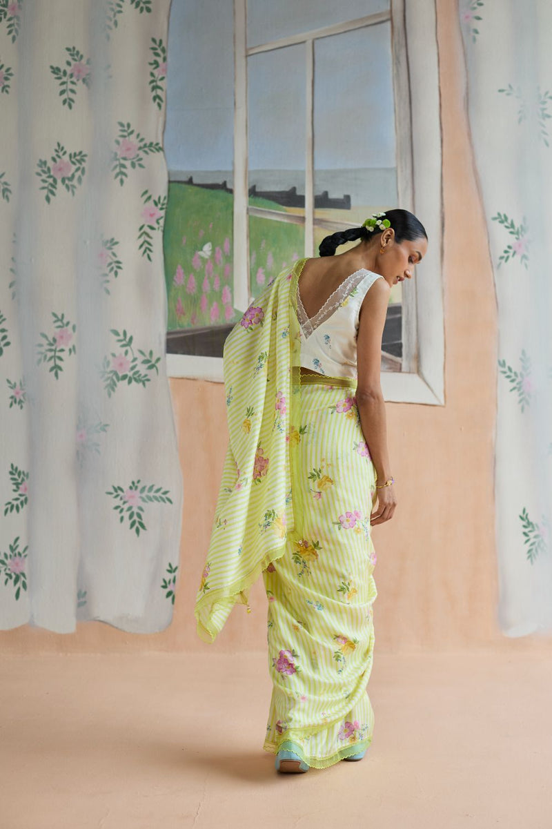 Serene Flora Mulberry Silk Sari silk by Nadiya Paar in yellow color for women Worldwide