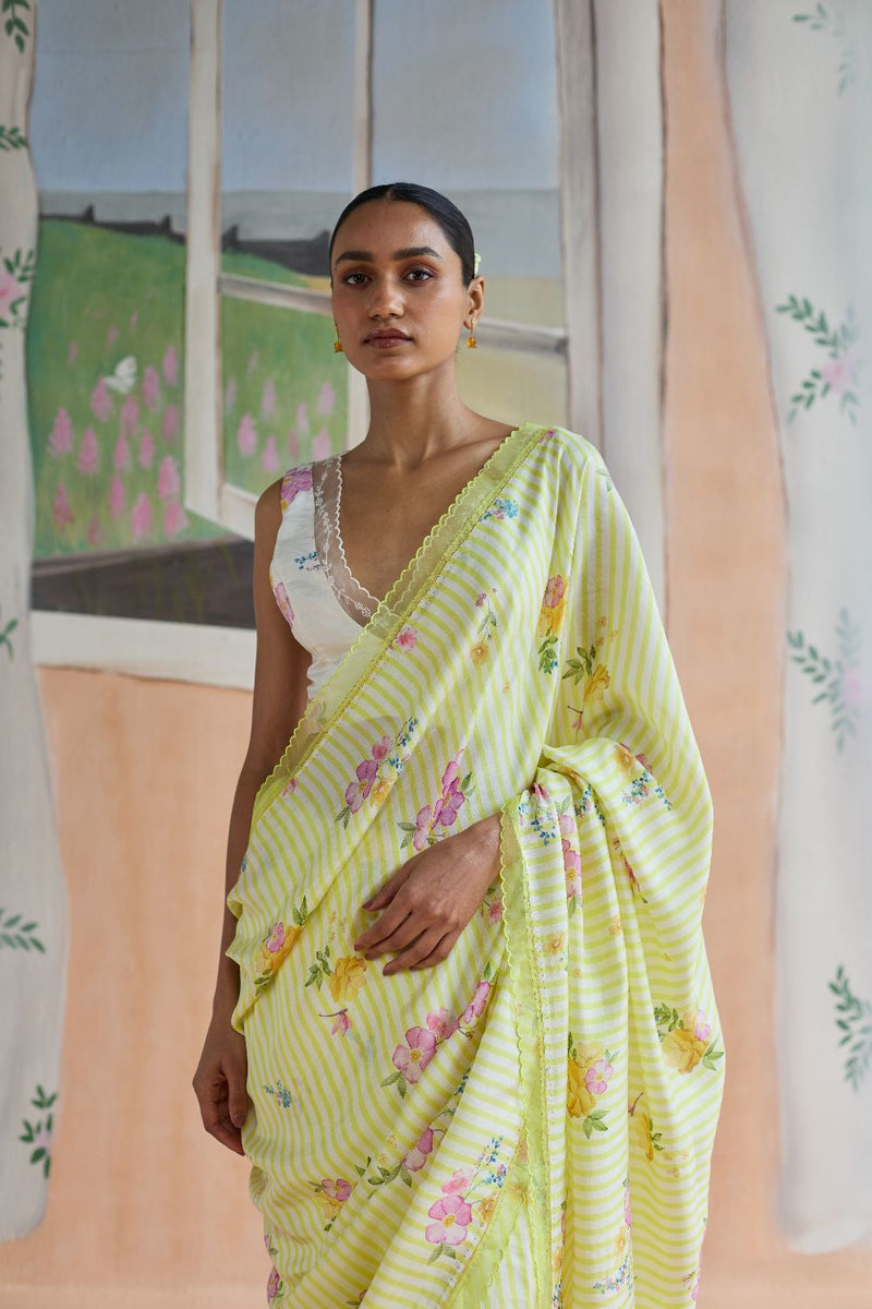 Serene Flora Mulberry Silk Sari silk by Nadiya Paar in yellow color for women Worldwide
