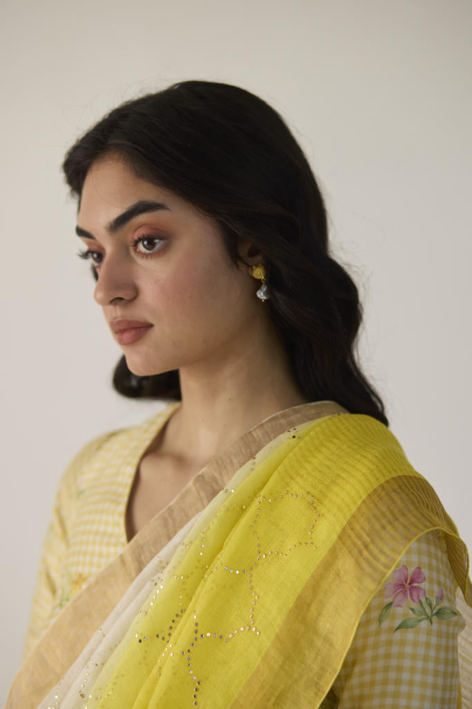 Yellow Ombre Linen Sari with Gold Dot Print by Nadiya Paar in yellow color for women Worldwide