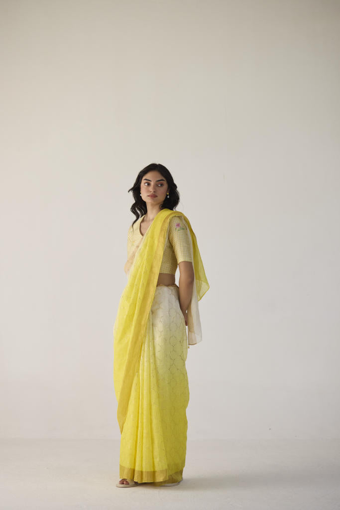 Yellow Ombre Linen Sari with Gold Dot Print by Nadiya Paar in yellow color for women Worldwide