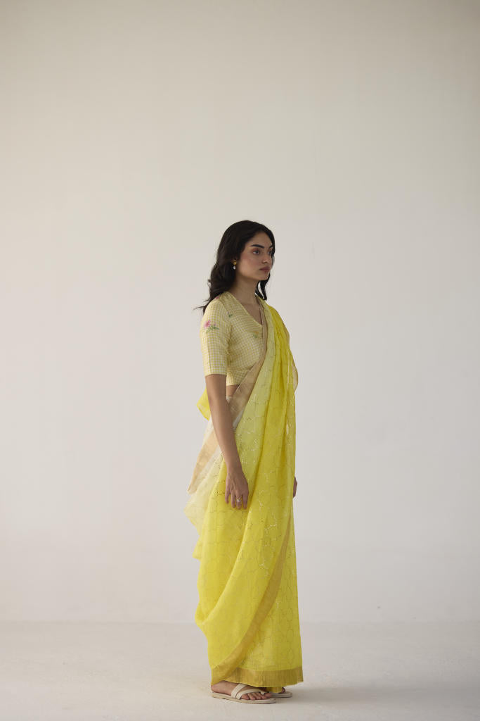 Yellow Ombre Linen Sari with Gold Dot Print by Nadiya Paar in yellow color for women Worldwide
