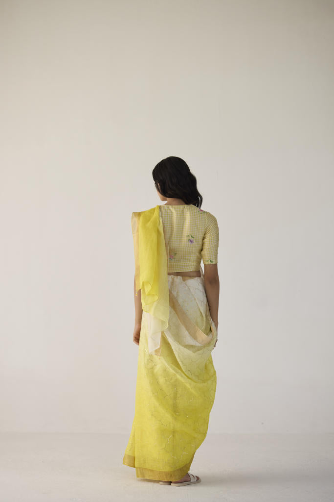 Yellow Ombre Linen Sari with Gold Dot Print by Nadiya Paar in yellow color for women Worldwide