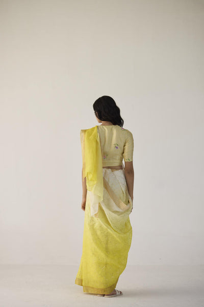 Yellow Ombre Linen Sari with Gold Dot Print