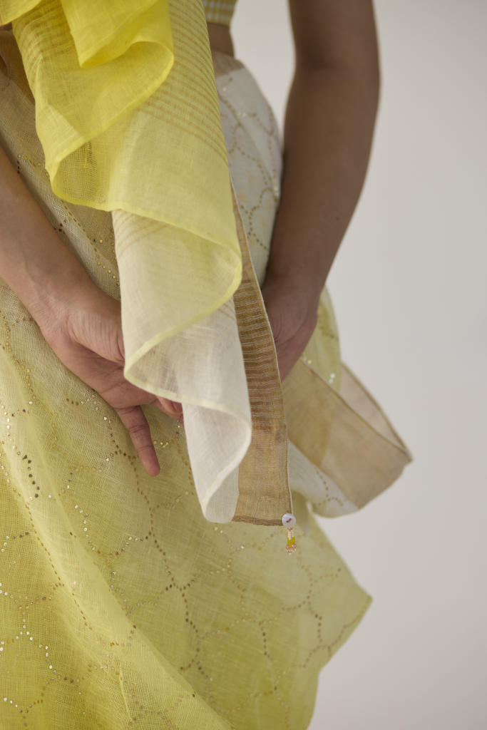 Yellow Ombre Linen Sari with Gold Dot Print by Nadiya Paar in yellow color for women Worldwide