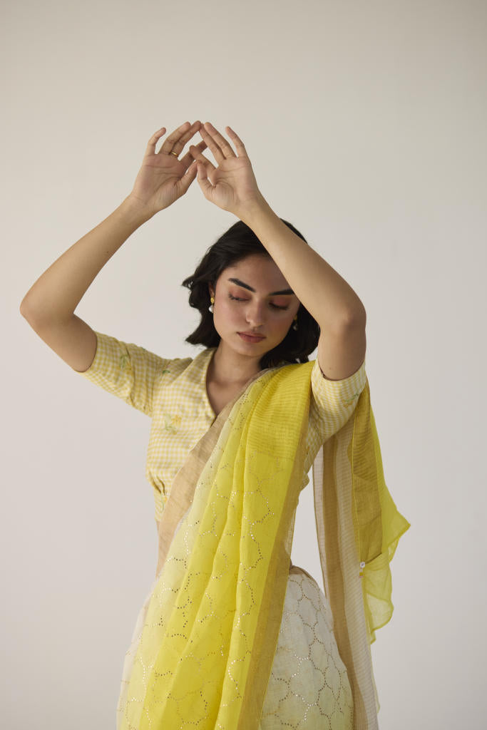 Yellow Ombre Linen Sari with Gold Dot Print by Nadiya Paar in yellow color for women Worldwide