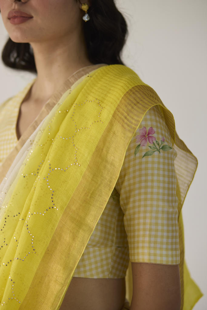 Yellow Ombre Linen Sari with Gold Dot Print by Nadiya Paar in yellow color for women Worldwide