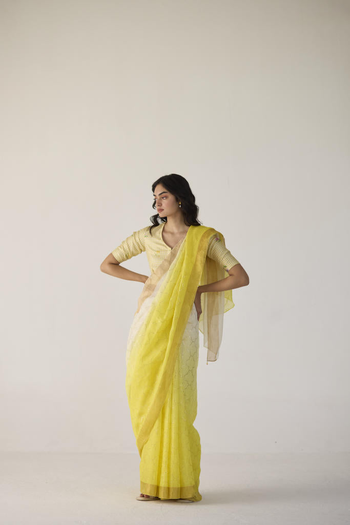 Yellow Ombre Linen Sari with Gold Dot Print by Nadiya Paar in yellow color for women Worldwide