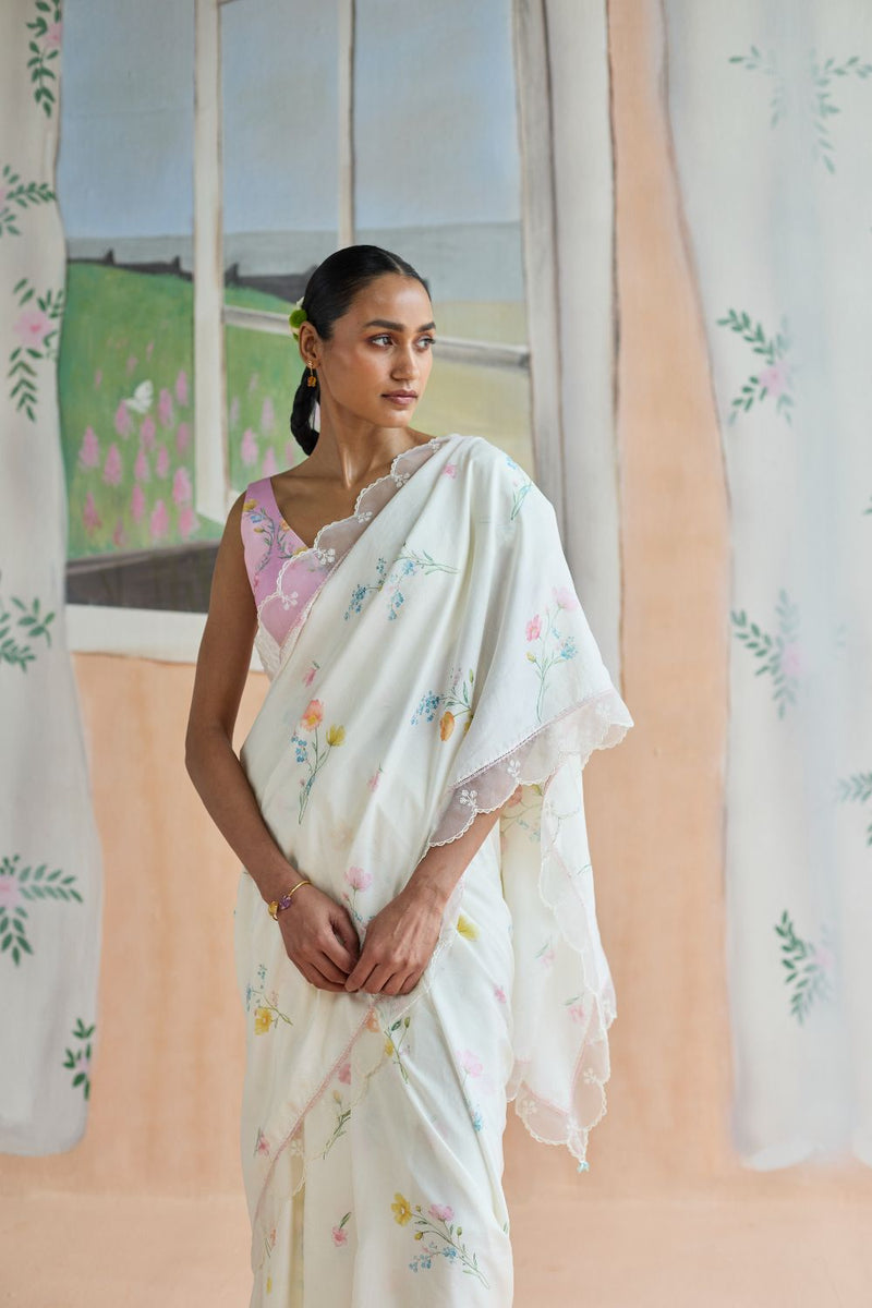 Florist Mulberrry Silk Sari silk by Nadiya Paar in white color for women Worldwide