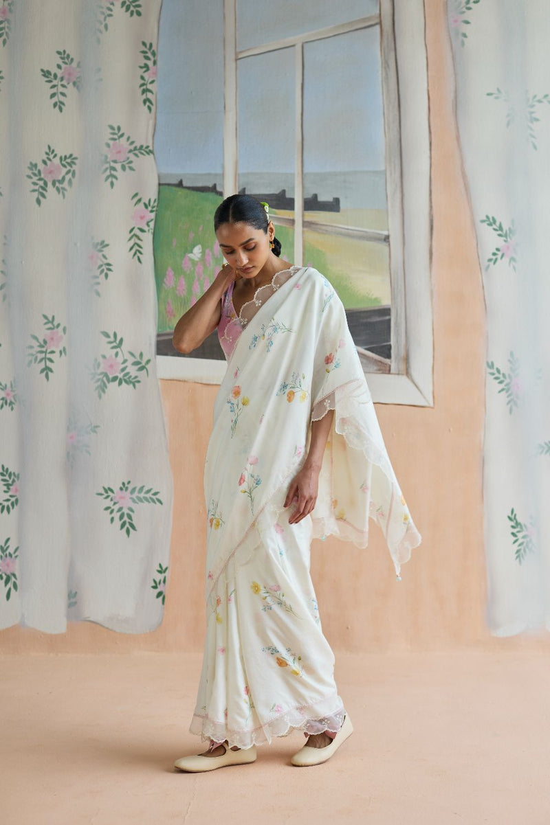 Florist Mulberrry Silk Sari silk by Nadiya Paar in white color for women Worldwide