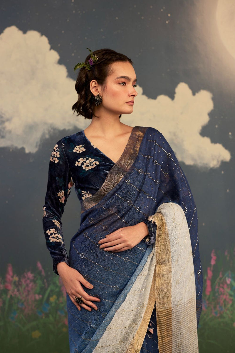 Midnight Ombre Linen Sari with Gold Dots by Nadiya Paar for women Worldwide