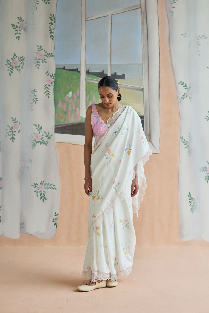 Florist Mulberrry Silk Sari silk by Nadiya Paar in white color for women Worldwide