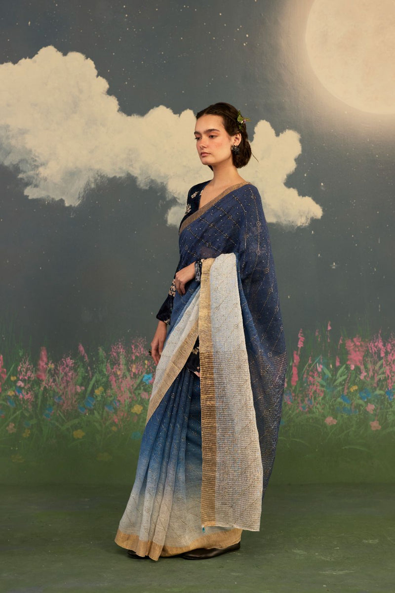 Midnight Ombre Linen Sari with Gold Dots by Nadiya Paar for women Worldwide