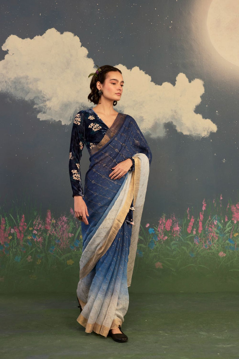 Midnight Ombre Linen Sari with Gold Dots by Nadiya Paar for women Worldwide