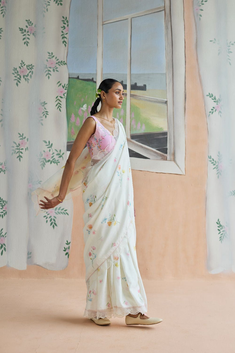Florist Mulberrry Silk Sari silk by Nadiya Paar in white color for women Worldwide