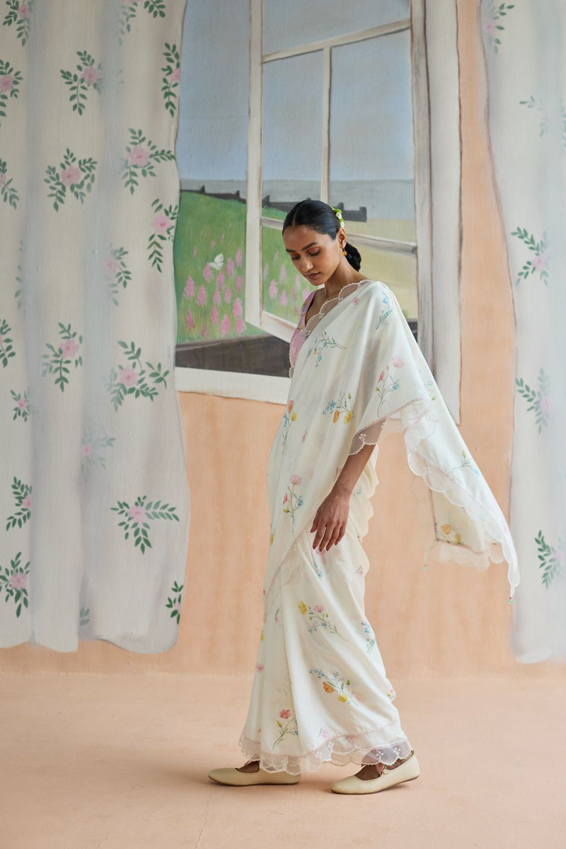 Florist Mulberrry Silk Sari silk by Nadiya Paar in white color for women Worldwide