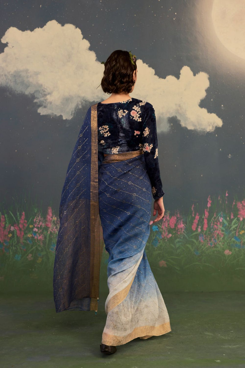 Midnight Ombre Linen Sari with Gold Dots by Nadiya Paar for women Worldwide