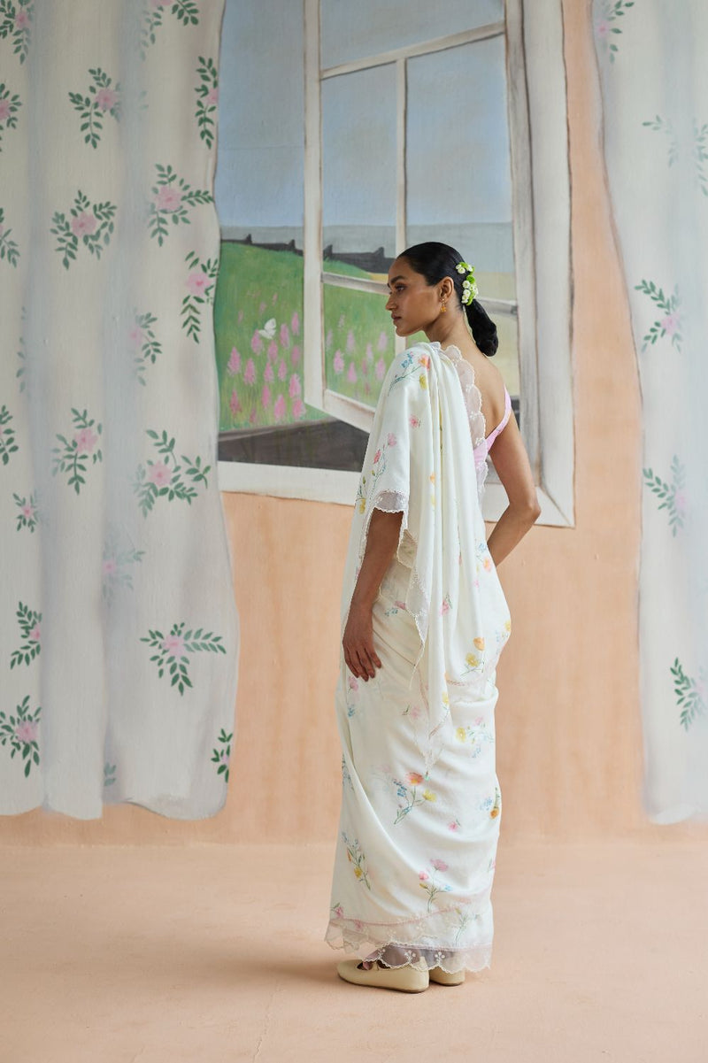 Florist Mulberrry Silk Sari silk by Nadiya Paar in white color for women Worldwide