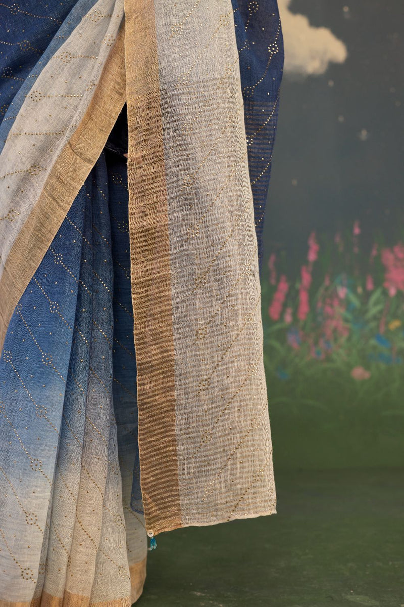 Midnight Ombre Linen Sari with Gold Dots by Nadiya Paar for women Worldwide