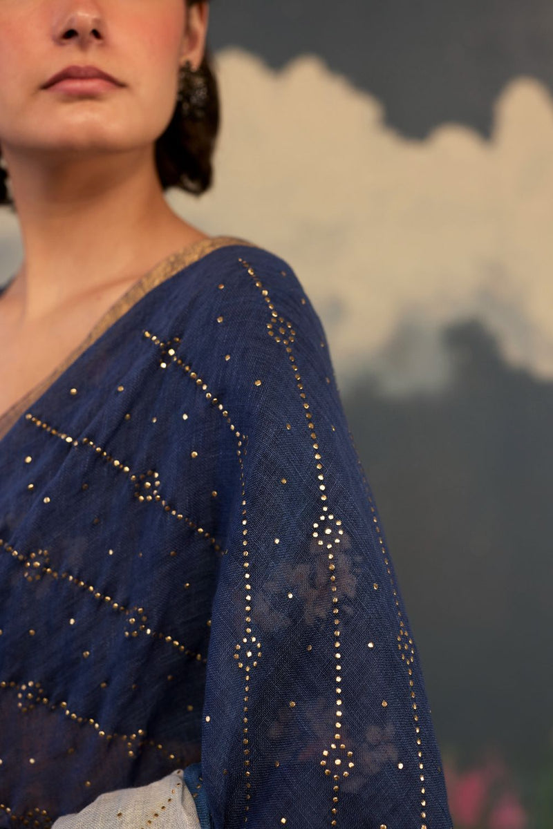 Midnight Ombre Linen Sari with Gold Dots by Nadiya Paar for women Worldwide