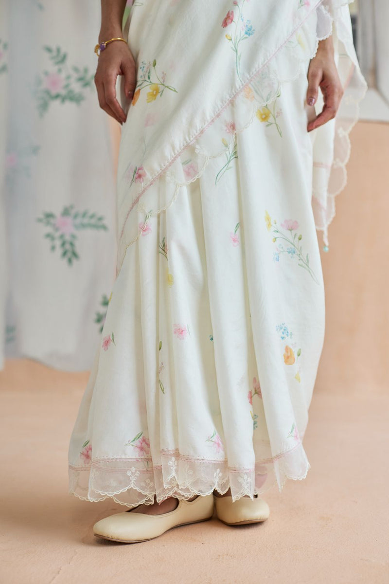 Florist Mulberrry Silk Sari silk by Nadiya Paar in white color for women Worldwide