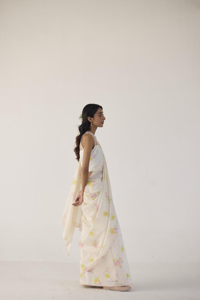 Valley Rose Silk and Cotton Chanderi Sari silk by Nadiya Paar in white color for women Worldwide