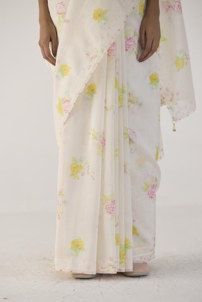 Valley Rose Silk and Cotton Chanderi Sari silk by Nadiya Paar in white color for women Worldwide