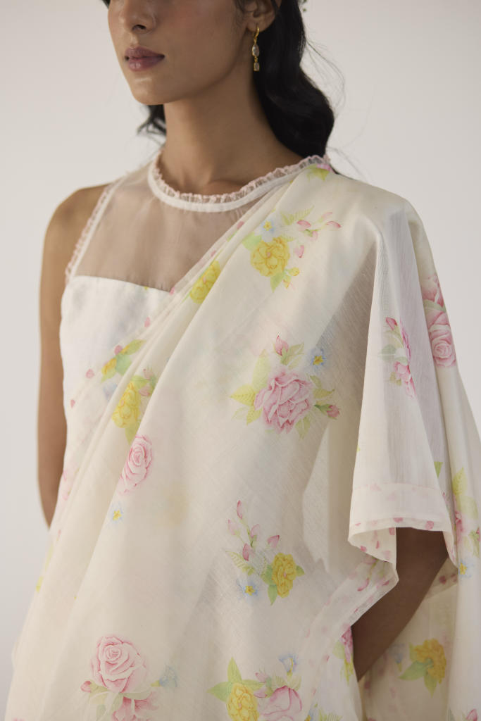 Valley Rose Silk and Cotton Chanderi Sari silk by Nadiya Paar in white color for women Worldwide