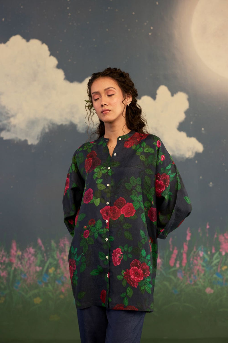 Scarlet Rose Silk Twill Coord Set silk by Nadiya Paar in black color for women Worldwide