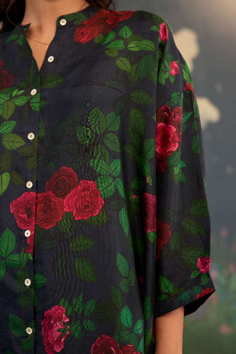 Scarlet Rose Silk Twill Coord Set silk by Nadiya Paar in black color for women Worldwide