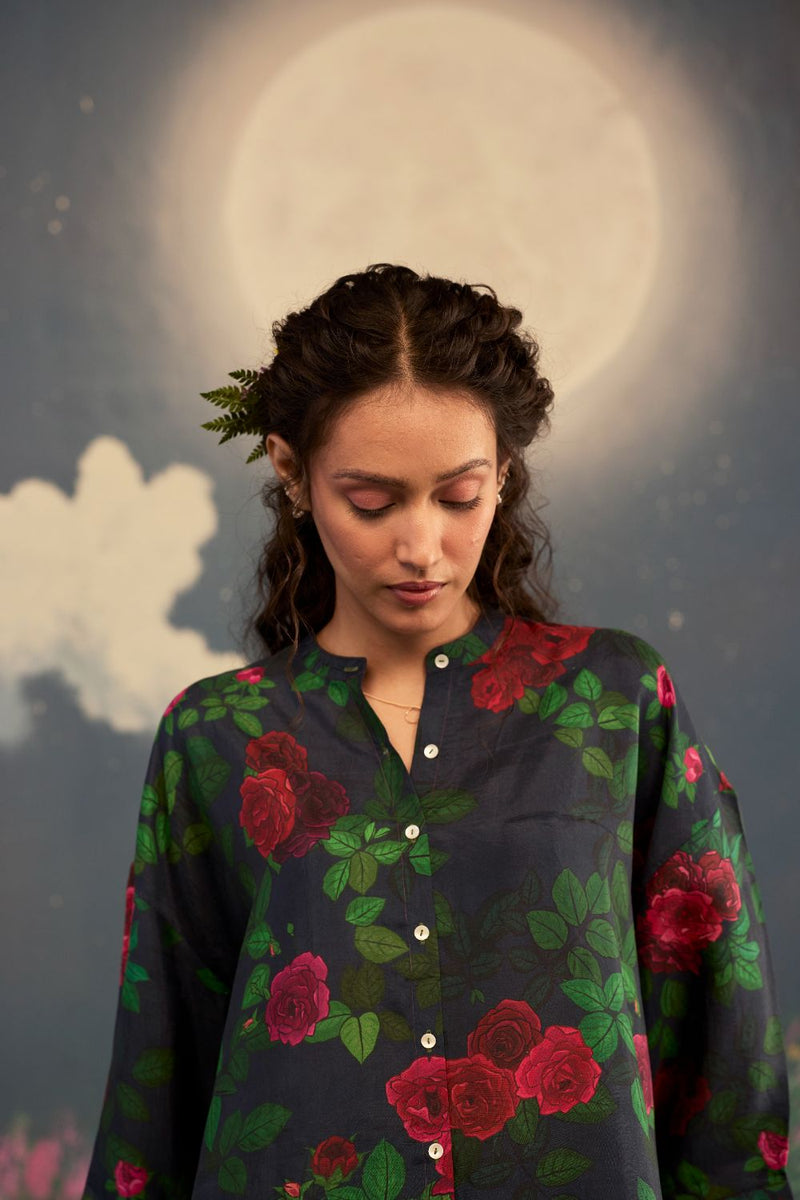 Scarlet Rose Silk Twill Coord Set silk by Nadiya Paar in black color for women Worldwide