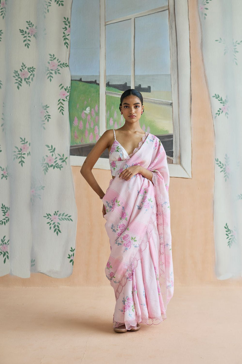 Rose Haze Mulberry Silk Sari silk by Nadiya Paar in pink color for women Worldwide