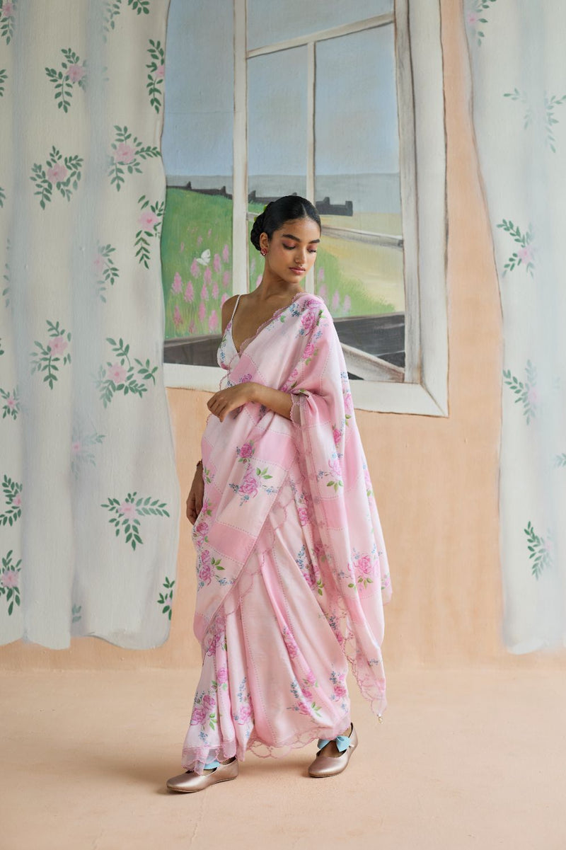 Rose Haze Mulberry Silk Sari silk by Nadiya Paar in pink color for women Worldwide