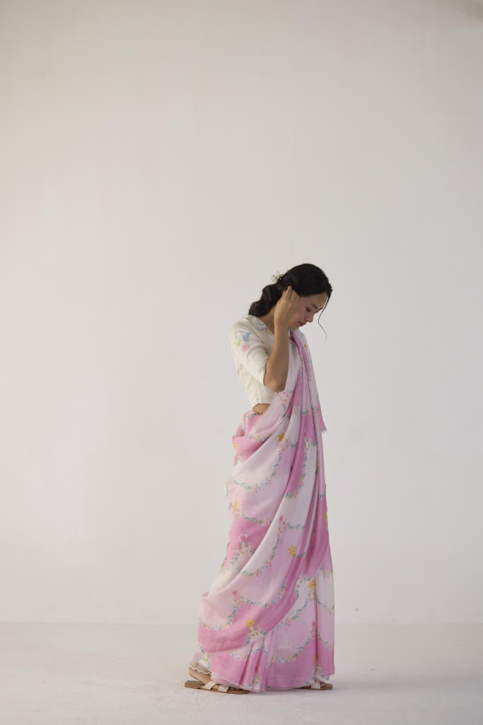 Gulmarg Mulberry Organza Silk Sari-Pink organza by Nadiya Paar in pink color for women Worldwide
