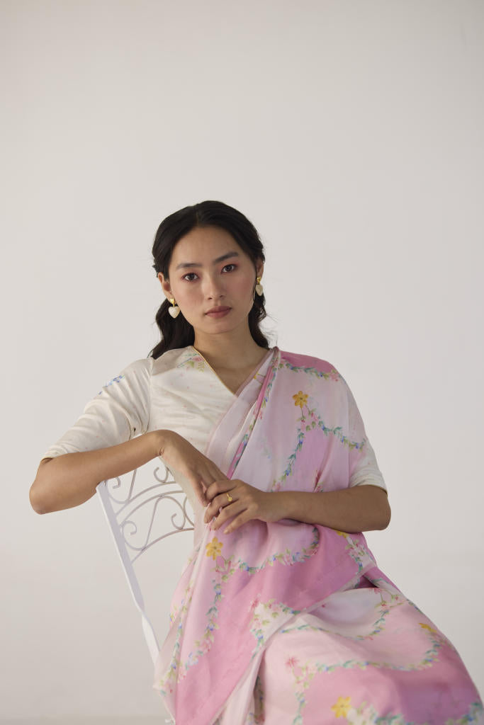 Gulmarg Mulberry Organza Silk Sari-Pink organza by Nadiya Paar in pink color for women Worldwide