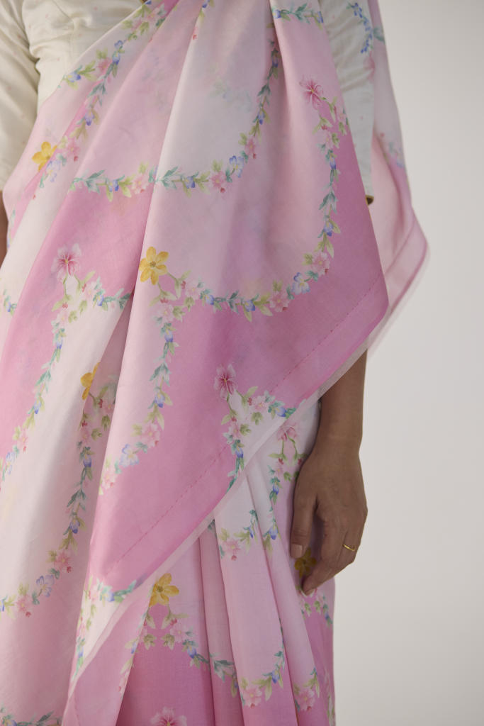 Gulmarg Mulberry Organza Silk Sari-Pink organza by Nadiya Paar in pink color for women Worldwide