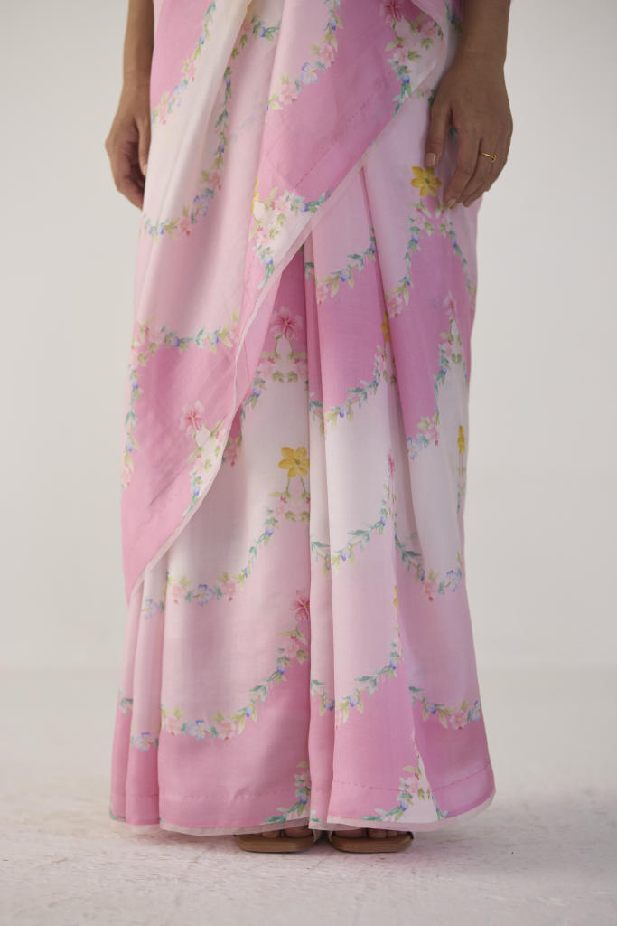 Gulmarg Mulberry Organza Silk Sari-Pink organza by Nadiya Paar in pink color for women Worldwide