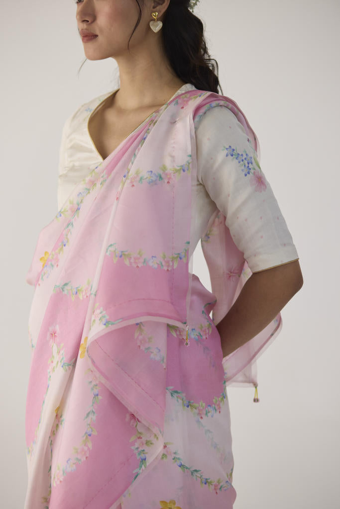 Gulmarg Mulberry Organza Silk Sari-Pink organza by Nadiya Paar in pink color for women Worldwide