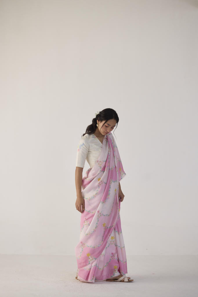 Gulmarg Mulberry Organza Silk Sari-Pink organza by Nadiya Paar in pink color for women Worldwide